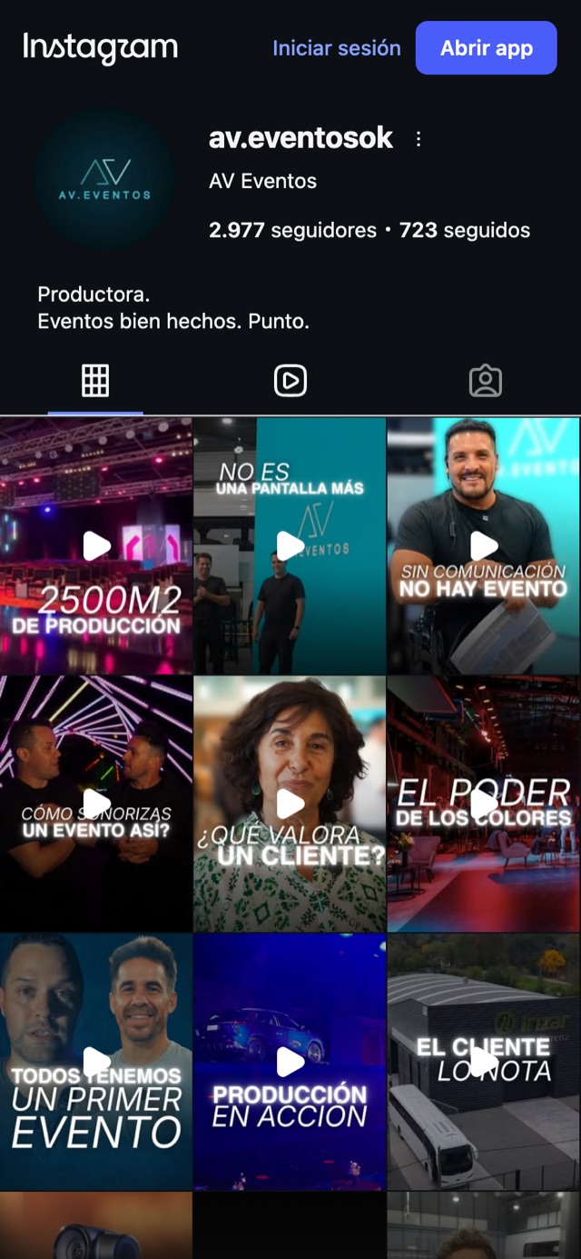 Perfil de Instagram de AV Eventos