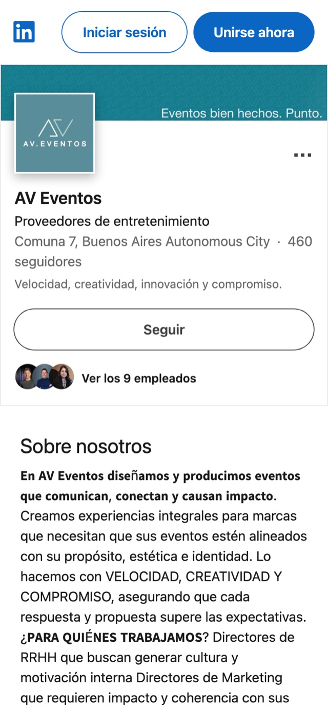 Página de LinkedIn de AV Eventos